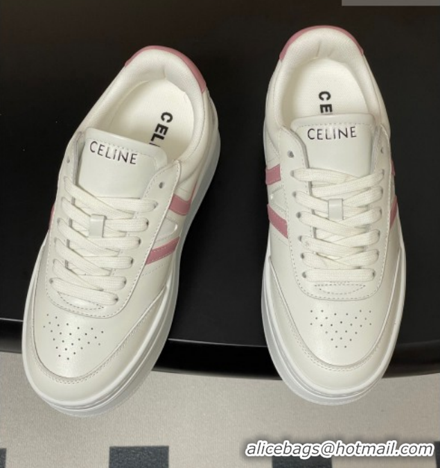 Shop Cheap Celine Block Platform Sneakers 5cm with Back Triomphe and Wedge Outsole in Calfskin Leather White/Pink 120908