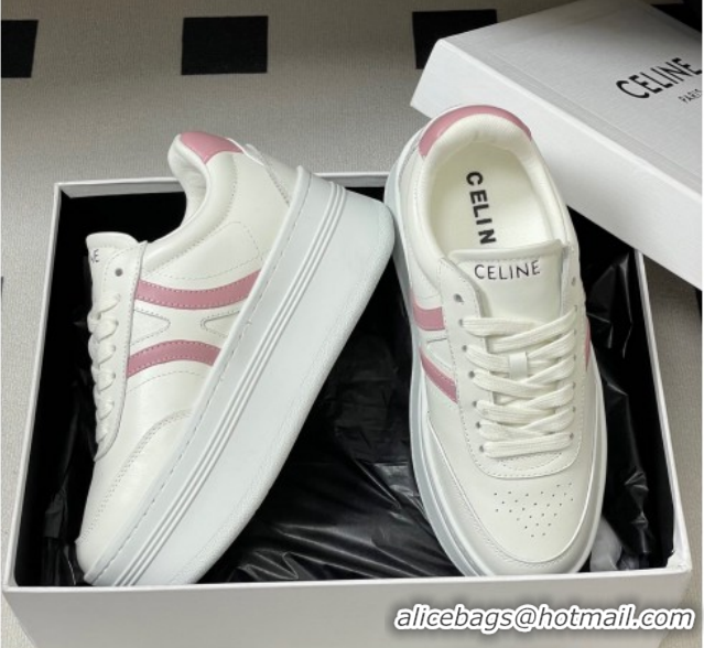 Shop Cheap Celine Block Platform Sneakers 5cm with Back Triomphe and Wedge Outsole in Calfskin Leather White/Pink 120908