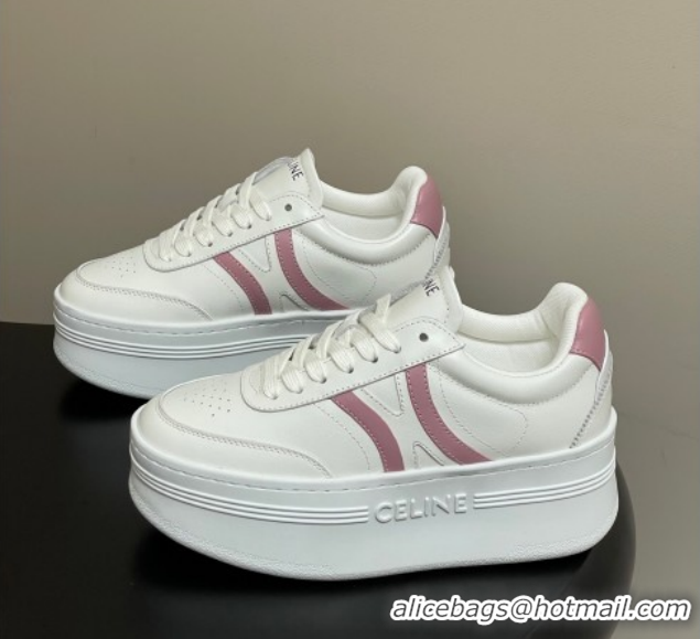 Shop Cheap Celine Block Platform Sneakers 5cm with Back Triomphe and Wedge Outsole in Calfskin Leather White/Pink 120908