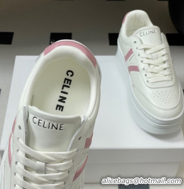 Shop Cheap Celine Block Platform Sneakers 5cm with Back Triomphe and Wedge Outsole in Calfskin Leather White/Pink 120908
