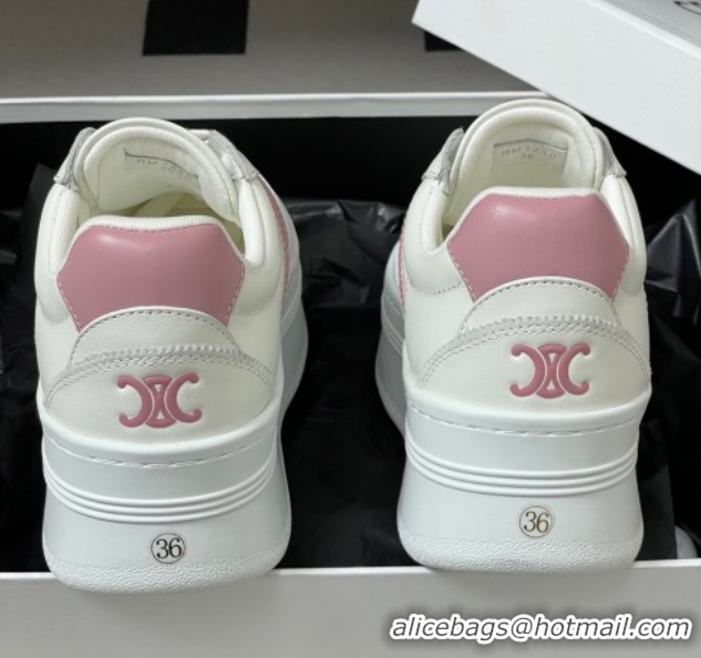 Shop Cheap Celine Block Platform Sneakers 5cm with Back Triomphe and Wedge Outsole in Calfskin Leather White/Pink 120908