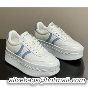 Charming Celine Block Platform Sneakers 5cm with Back Triomphe and Wedge Outsole in Calfskin Leather White/Blue 1209082 