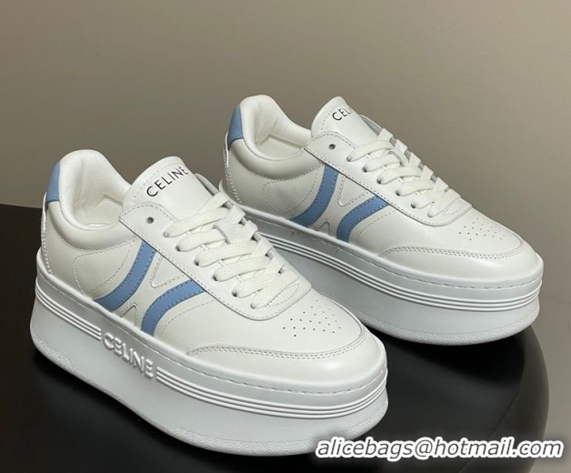 Charming Celine Block Platform Sneakers 5cm with Back Triomphe and Wedge Outsole in Calfskin Leather White/Blue 1209082 