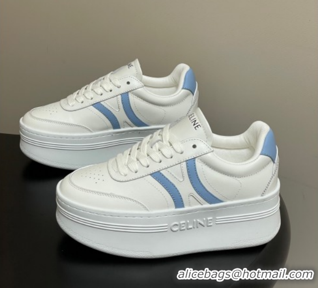 Charming Celine Block Platform Sneakers 5cm with Back Triomphe and Wedge Outsole in Calfskin Leather White/Blue 1209082 