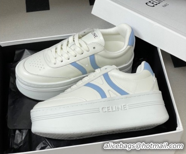 Charming Celine Block Platform Sneakers 5cm with Back Triomphe and Wedge Outsole in Calfskin Leather White/Blue 1209082 