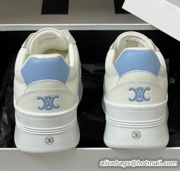 Charming Celine Block Platform Sneakers 5cm with Back Triomphe and Wedge Outsole in Calfskin Leather White/Blue 1209082 