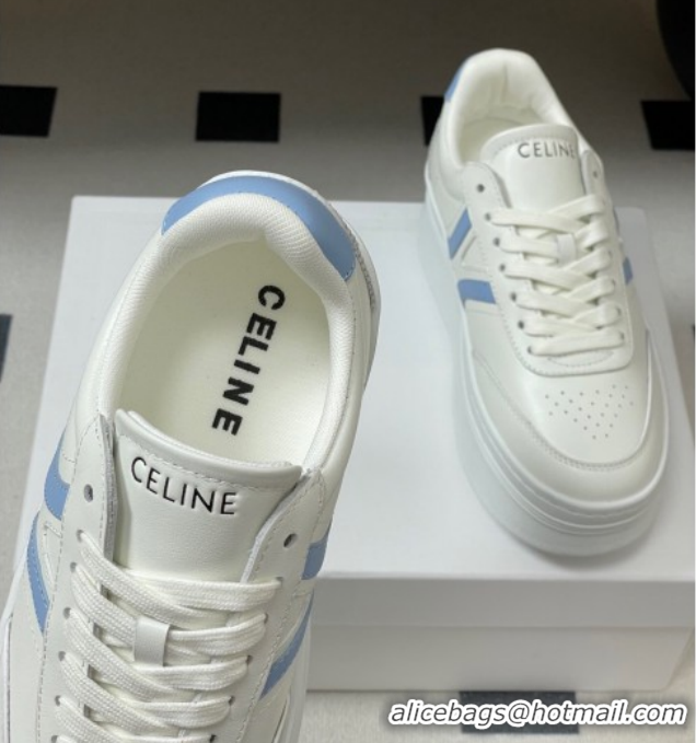 Charming Celine Block Platform Sneakers 5cm with Back Triomphe and Wedge Outsole in Calfskin Leather White/Blue 1209082 