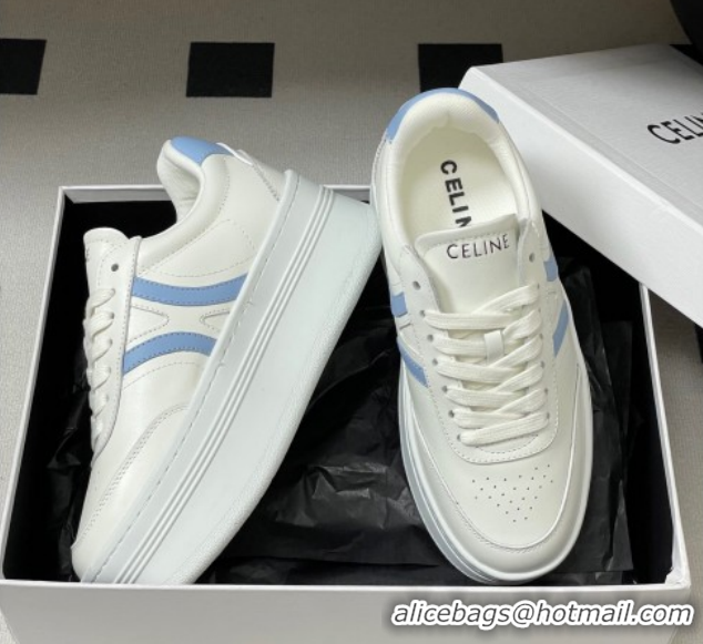 Charming Celine Block Platform Sneakers 5cm with Back Triomphe and Wedge Outsole in Calfskin Leather White/Blue 1209082 