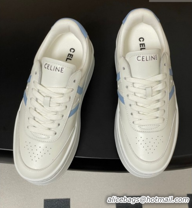 Charming Celine Block Platform Sneakers 5cm with Back Triomphe and Wedge Outsole in Calfskin Leather White/Blue 1209082 