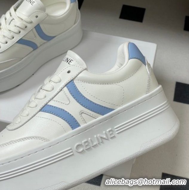 Charming Celine Block Platform Sneakers 5cm with Back Triomphe and Wedge Outsole in Calfskin Leather White/Blue 1209082 