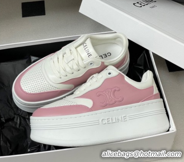 Sumptuous Celine Block Platform Sneakers 5cm with Triomphe in Calfskin Leather White/Pink 1209083 2026