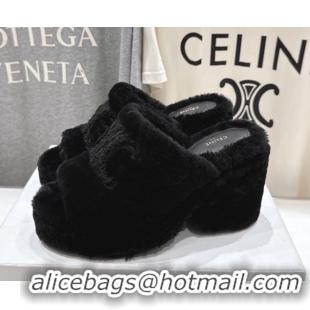 1:1 aaaaa Celine Wool Platform Slides Sandal 8cm CE120901 Black 2026