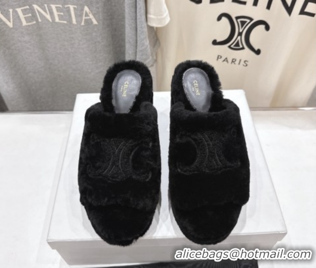 1:1 aaaaa Celine Wool Platform Slides Sandal 8cm CE120901 Black 2026