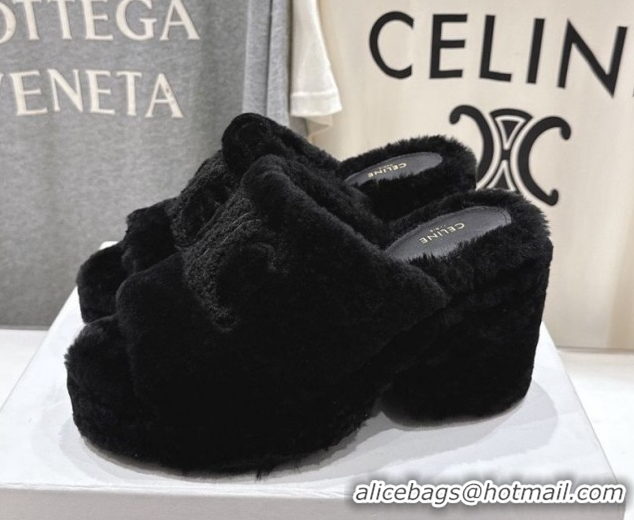 1:1 aaaaa Celine Wool Platform Slides Sandal 8cm CE120901 Black 2026