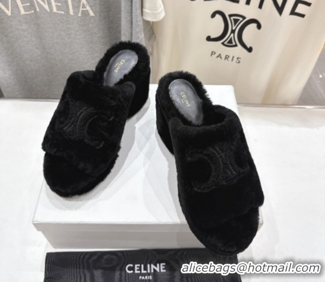 1:1 aaaaa Celine Wool Platform Slides Sandal 8cm CE120901 Black 2026