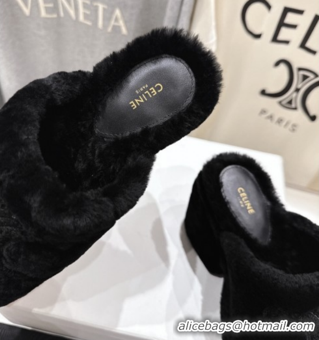 1:1 aaaaa Celine Wool Platform Slides Sandal 8cm CE120901 Black 2026