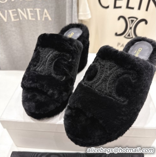 1:1 aaaaa Celine Wool Platform Slides Sandal 8cm CE120901 Black 2026
