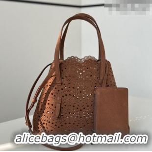 Affordable Price Alaia Mina 25 Medium Tote Bag in Vienne Openwork Nubuck 8819M Dark Brown 2025