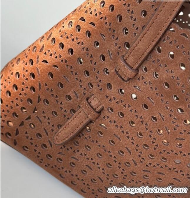 Affordable Price Alaia Mina 25 Medium Tote Bag in Vienne Openwork Nubuck 8819M Dark Brown 2025
