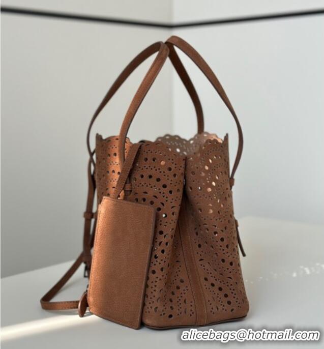 Affordable Price Alaia Mina 25 Medium Tote Bag in Vienne Openwork Nubuck 8819M Dark Brown 2025