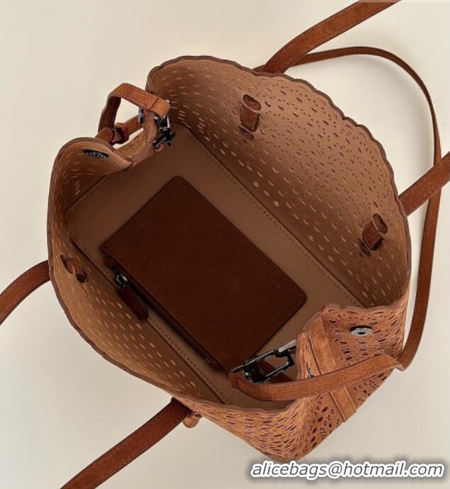 Affordable Price Alaia Mina 25 Medium Tote Bag in Vienne Openwork Nubuck 8819M Dark Brown 2025