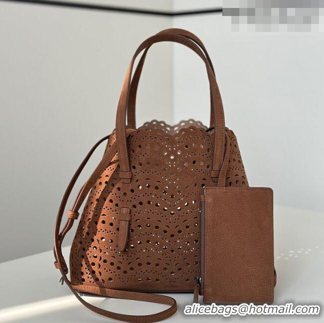 Affordable Price Alaia Mina 25 Medium Tote Bag in Vienne Openwork Nubuck 8819M Dark Brown 2025