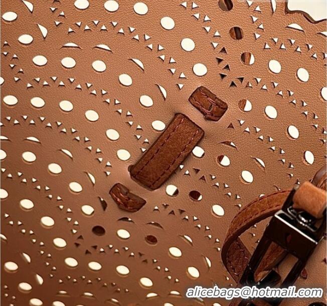 Affordable Price Alaia Mina 25 Medium Tote Bag in Vienne Openwork Nubuck 8819M Dark Brown 2025