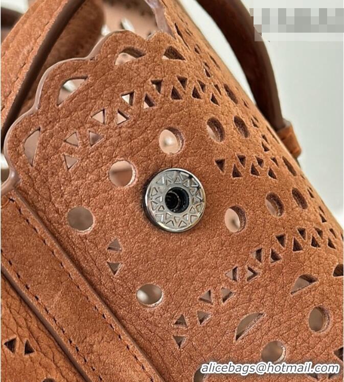 Affordable Price Alaia Mina 25 Medium Tote Bag in Vienne Openwork Nubuck 8819M Dark Brown 2025