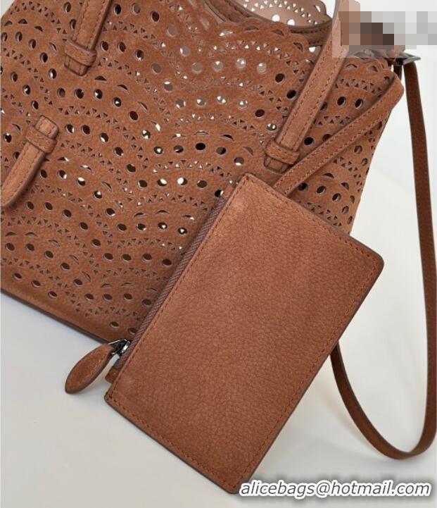 Affordable Price Alaia Mina 25 Medium Tote Bag in Vienne Openwork Nubuck 8819M Dark Brown 2025