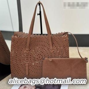 Top Grade Alaia Mina 32 Large Tote Bag in Vienne Openwork Grained Nubuck Leather 8819L Brown 2025