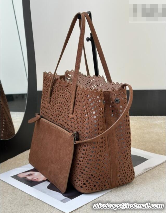 Top Grade Alaia Mina 32 Large Tote Bag in Vienne Openwork Grained Nubuck Leather 8819L Brown 2025