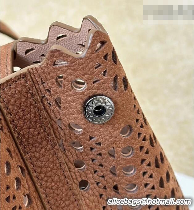 Top Grade Alaia Mina 32 Large Tote Bag in Vienne Openwork Grained Nubuck Leather 8819L Brown 2025