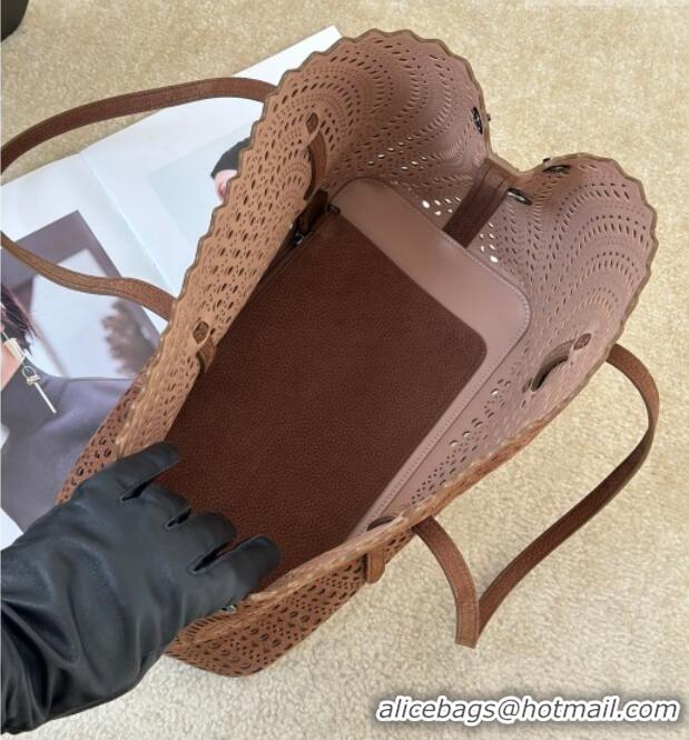 Top Grade Alaia Mina 32 Large Tote Bag in Vienne Openwork Grained Nubuck Leather 8819L Brown 2025