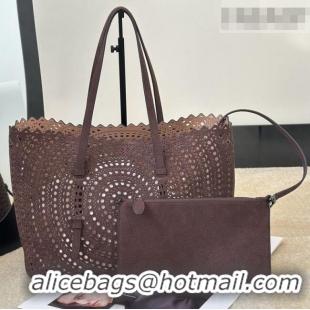 Luxury Cheap Alaia Mina 32 Large Tote Bag in Vienne Openwork Grained Nubuck Leather 8819L Dark Brown 2025