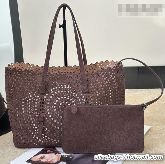 Luxury Cheap Alaia Mina 32 Large Tote Bag in Vienne Openwork Grained Nubuck Leather 8819L Dark Brown 2025