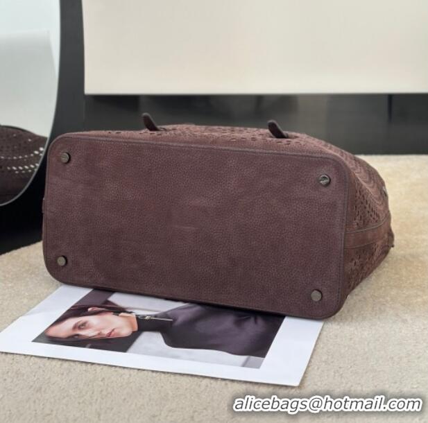 Luxury Cheap Alaia Mina 32 Large Tote Bag in Vienne Openwork Grained Nubuck Leather 8819L Dark Brown 2025