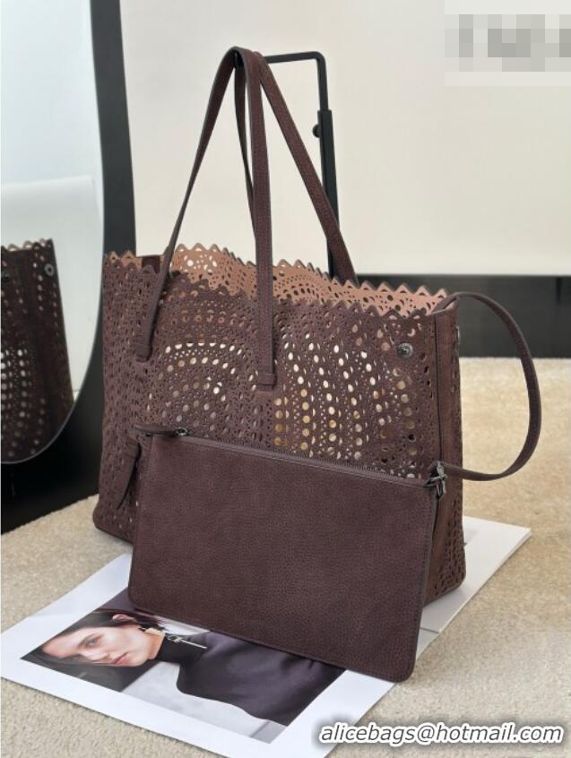 Luxury Cheap Alaia Mina 32 Large Tote Bag in Vienne Openwork Grained Nubuck Leather 8819L Dark Brown 2025