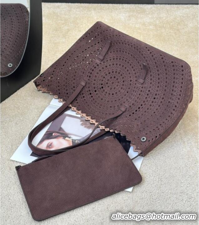 Luxury Cheap Alaia Mina 32 Large Tote Bag in Vienne Openwork Grained Nubuck Leather 8819L Dark Brown 2025
