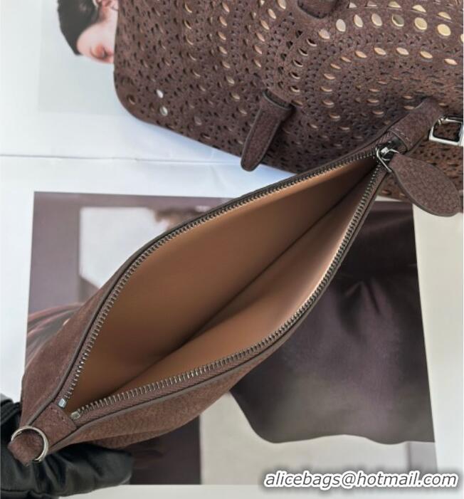 Luxury Cheap Alaia Mina 32 Large Tote Bag in Vienne Openwork Grained Nubuck Leather 8819L Dark Brown 2025