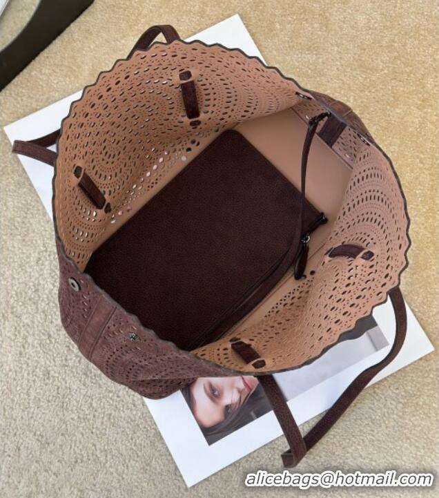 Luxury Cheap Alaia Mina 32 Large Tote Bag in Vienne Openwork Grained Nubuck Leather 8819L Dark Brown 2025