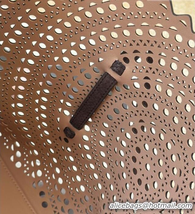 Luxury Cheap Alaia Mina 32 Large Tote Bag in Vienne Openwork Grained Nubuck Leather 8819L Dark Brown 2025