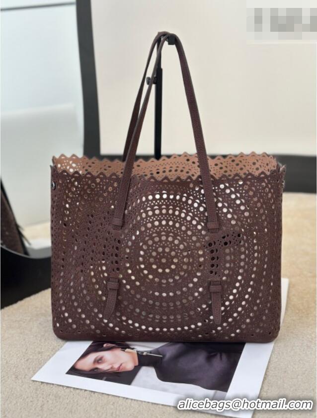 Luxury Cheap Alaia Mina 32 Large Tote Bag in Vienne Openwork Grained Nubuck Leather 8819L Dark Brown 2025