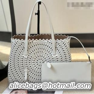 Super Quality Alaia Mina 32 Large Tote Bag in Vienne Openwork Calfskin Leather 8819L White 2025