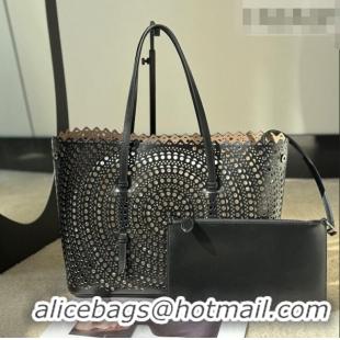 Best Price Alaia Mina 32 Large Tote Bag in Vienne Openwork Calfskin Leather 8819L Black 2025