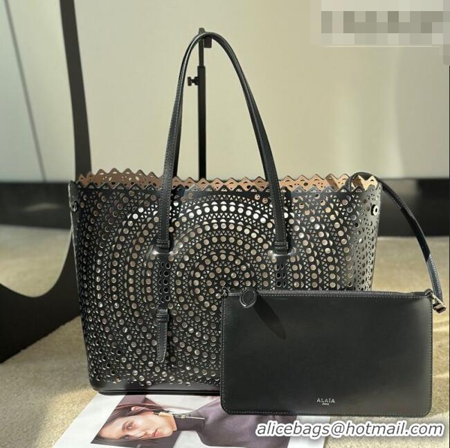 Best Price Alaia Mina 32 Large Tote Bag in Vienne Openwork Calfskin Leather 8819L Black 2025