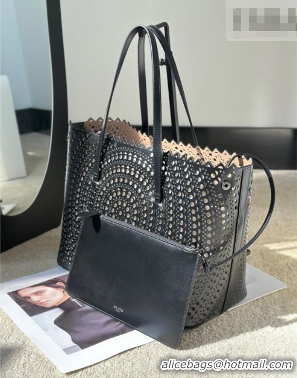 Best Price Alaia Mina 32 Large Tote Bag in Vienne Openwork Calfskin Leather 8819L Black 2025