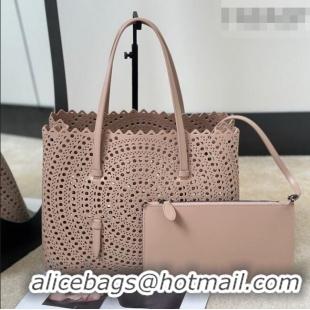 Best Product Alaia Mina 32 Large Tote Bag in Vienne Openwork Calfskin Leather 8819L Light Pink 2025