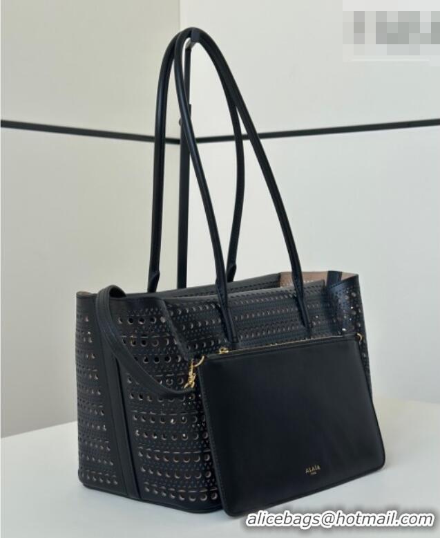 Top Design Alaia Mina Large Tote Bag in Vienne Openwork Calfskin Leather 8821L Black 2025