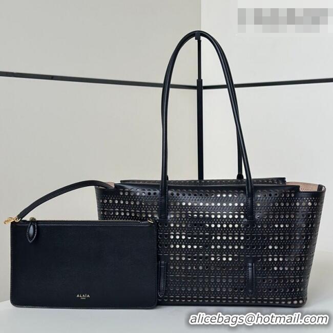Top Design Alaia Mina Large Tote Bag in Vienne Openwork Calfskin Leather 8821L Black 2025