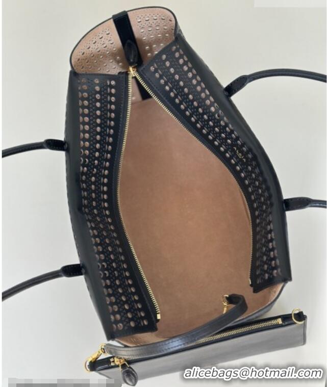 Top Design Alaia Mina Large Tote Bag in Vienne Openwork Calfskin Leather 8821L Black 2025